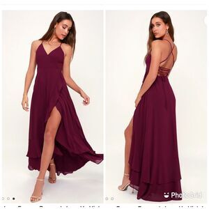 Lulus In Love Forever Burgundy Lace-Up High-Low Maxi Dress Sz-